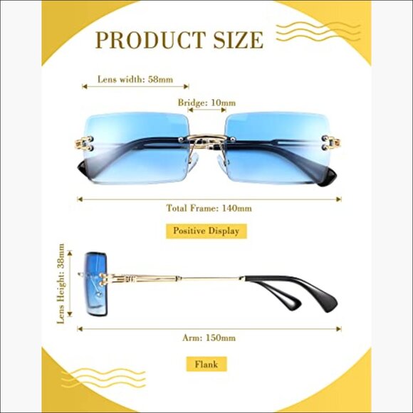 Metal Frameless Rectangle Y2K Sunglasses, 16 Pairs Vintage Retro Style